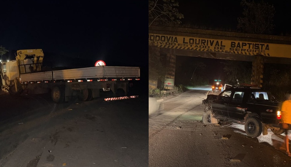 Motorista foge após colisão frontal entre Hilux e caminhão na SE-270