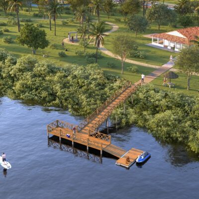 Imagem do projeto arquitetônico do píer contemplativo às margens do Rio Pomonga
