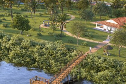 Imagem do projeto arquitetônico do píer contemplativo às margens do Rio Pomonga